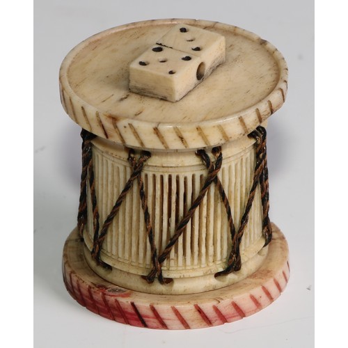 2274 - An early 19th century French Napoleonic Prisoner-of-War carved bone Domino set, the case as a Drum, ... 