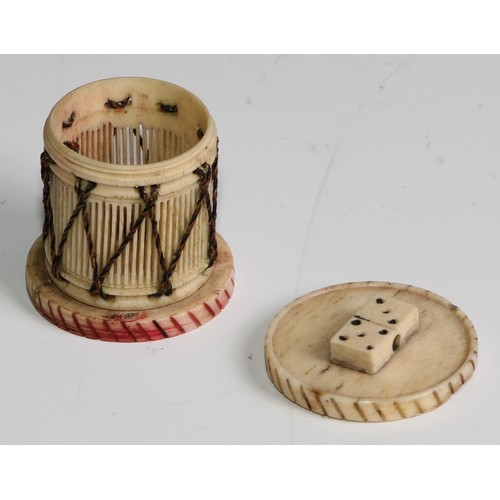 2274 - An early 19th century French Napoleonic Prisoner-of-War carved bone Domino set, the case as a Drum, ... 