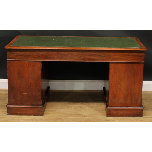 2281 - A Victorian walnut and mahogany twin pedestal desk, rounded rectangular top above three frieze drawe... 