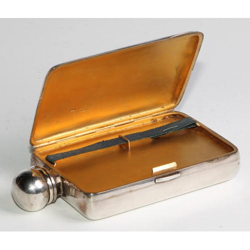 1170 - An Edwardian silver novelty combination hipflask and cigarette case, domed hinged bayonet cap, the s... 