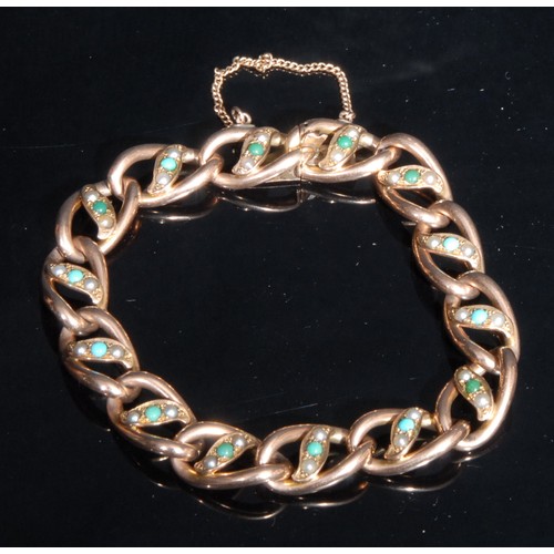 1340 - A 9ct rose gold curb link bracelet, each link set with a polished turquoise cabochon flanked by a pa... 