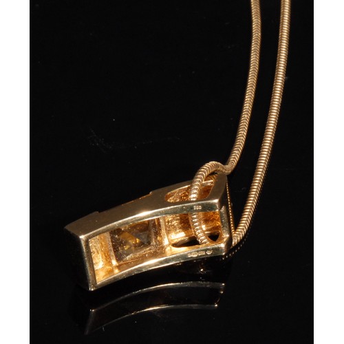 1478 - An 18ct gold citrine and diamond rectangular pendant, the square step cut citrine above four channel... 