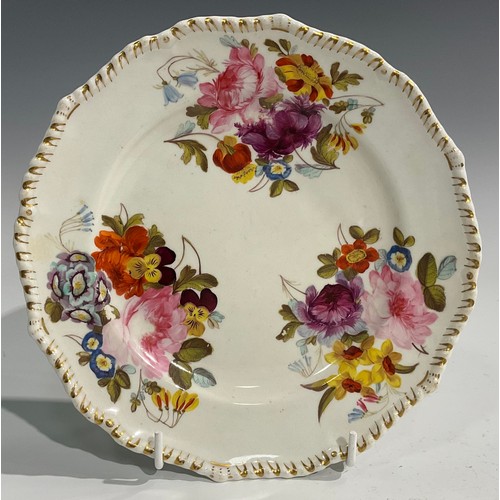 242 - A Derby shaped circular plate, attributed to Leonard Lead, painted with sprays of bright summer flow... 