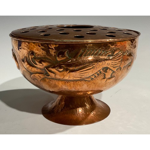 2349 - A Newlyn Industrial class Arts and Crafts copper rose bowl, embossed with a band of fish within plan... 