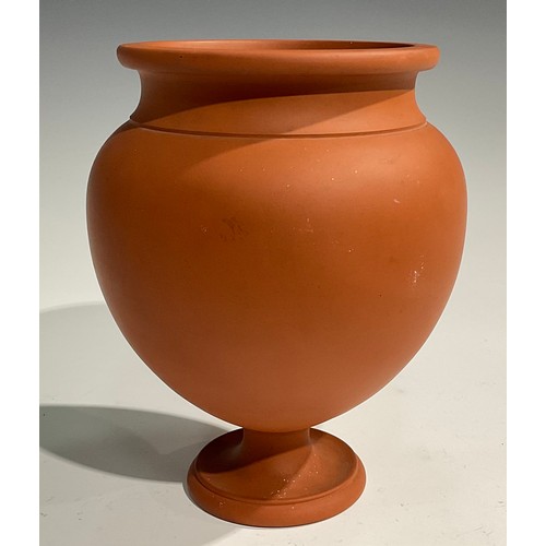 89 - A 19th century Wedgwood terracotta Etruscan oviform vase, circular pedestal base, impressed WEDGWOOD... 