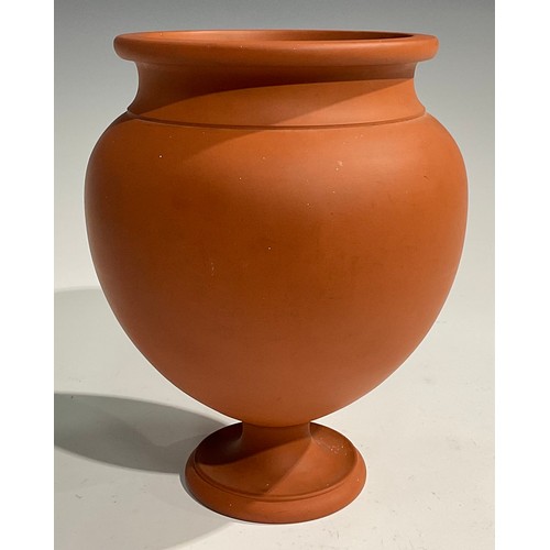 89 - A 19th century Wedgwood terracotta Etruscan oviform vase, circular pedestal base, impressed WEDGWOOD... 