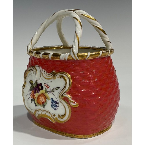 230 - A Bloor Derby posy vase, modelled as a wicker basket, panels painted with flowers on a salmon pink g... 