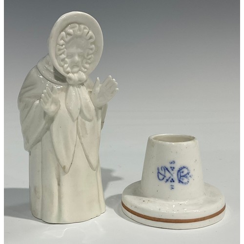 236 - A Derby King Street figural candle snuffer and stand, as Sairy Gamp, underglaze blue mark to stand, ... 