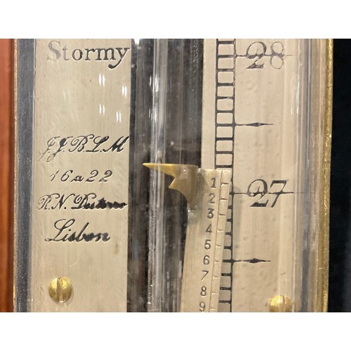 2079 - A Portuguese brass marine stick barometer, the silvered register calibrated in barometric inches wit... 