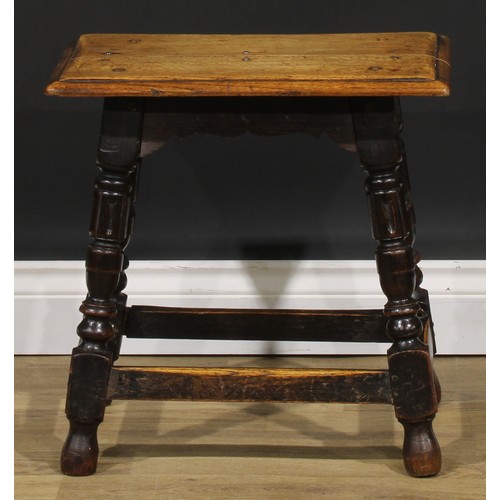 1859 - A pair of 17th century style oak joint stools, each with a rectangular top with moulded edge, shaped... 