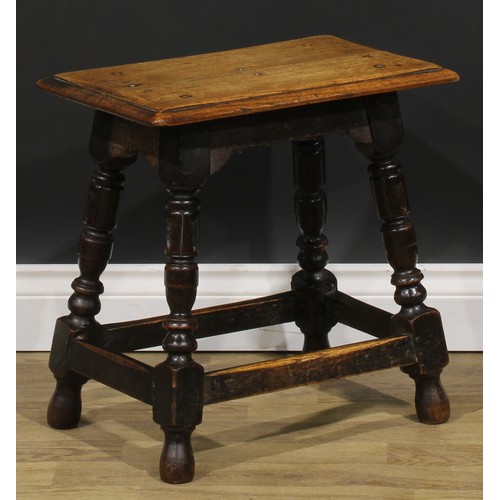 1859 - A pair of 17th century style oak joint stools, each with a rectangular top with moulded edge, shaped... 