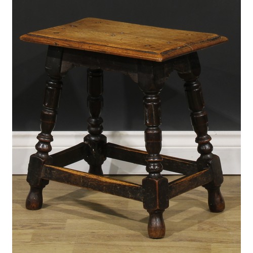 1859 - A pair of 17th century style oak joint stools, each with a rectangular top with moulded edge, shaped... 