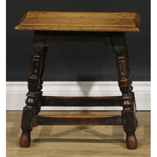 1859 - A pair of 17th century style oak joint stools, each with a rectangular top with moulded edge, shaped... 