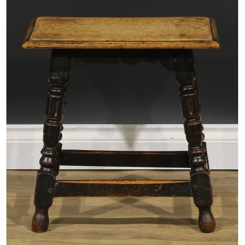 1859 - A pair of 17th century style oak joint stools, each with a rectangular top with moulded edge, shaped... 