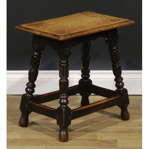 1859 - A pair of 17th century style oak joint stools, each with a rectangular top with moulded edge, shaped... 