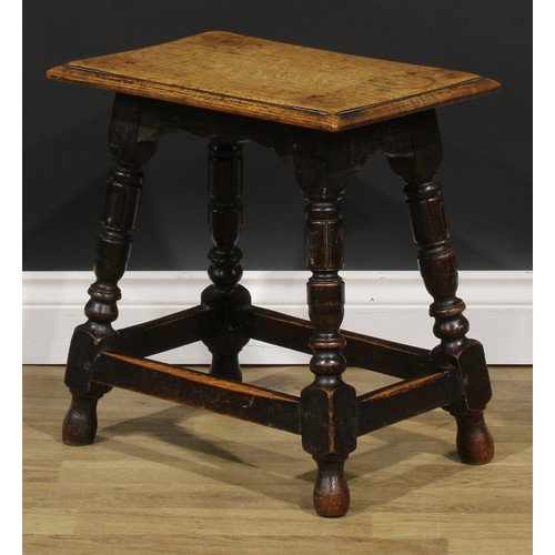 1859 - A pair of 17th century style oak joint stools, each with a rectangular top with moulded edge, shaped... 