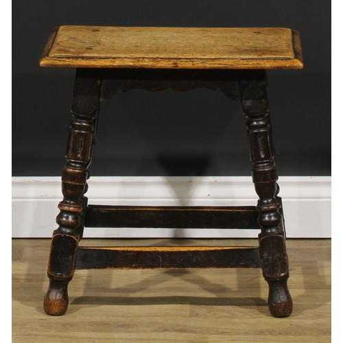 1859 - A pair of 17th century style oak joint stools, each with a rectangular top with moulded edge, shaped... 