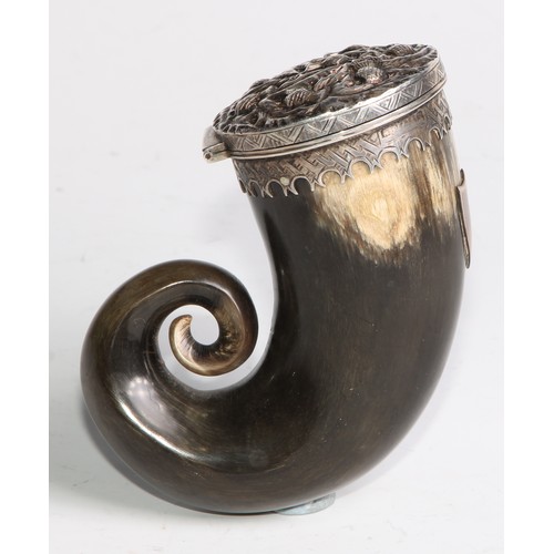 2171 - A Scottish silver mounted horn snuff mull, the hinged cover chased with thistles, shaped pendant bor... 