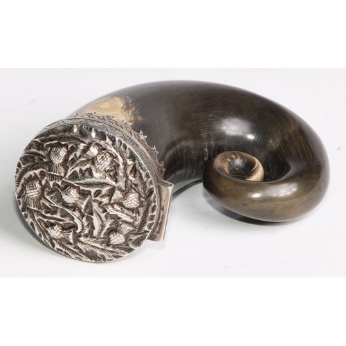 2171 - A Scottish silver mounted horn snuff mull, the hinged cover chased with thistles, shaped pendant bor... 