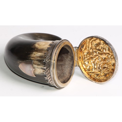 2171 - A Scottish silver mounted horn snuff mull, the hinged cover chased with thistles, shaped pendant bor... 