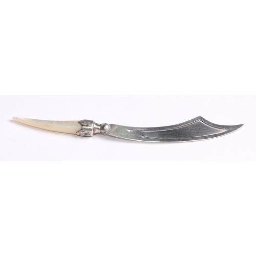 1240 - Signopaginophilia - a Victorian silver novelty bookmark, as a scimitar, mother of pearl haft, 10cm l... 