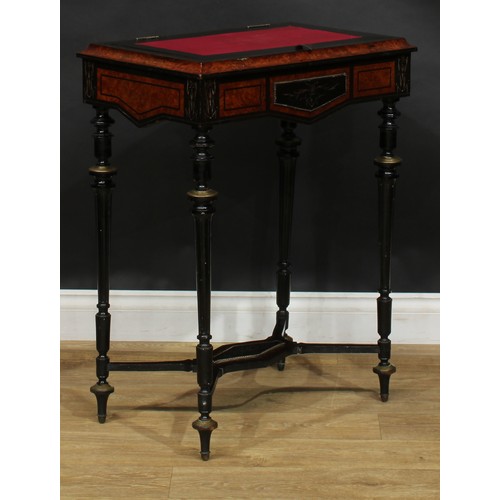 1578 - A 19th century brass mounted amboyna and ebonised table, shaped apron, turned and fluted supports, s... 