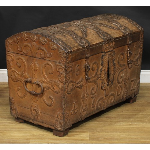 2009 - An early 18th century Spanish metal bound chest or trunk, hinged dome top, carry handles to sides, t... 