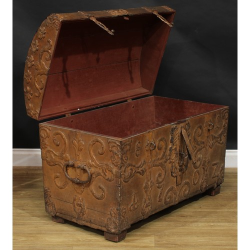 2009 - An early 18th century Spanish metal bound chest or trunk, hinged dome top, carry handles to sides, t... 