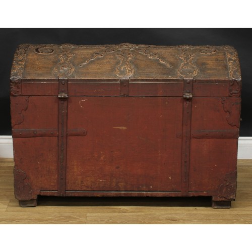 2009 - An early 18th century Spanish metal bound chest or trunk, hinged dome top, carry handles to sides, t... 