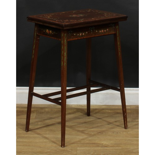 2560 - A Sheraton Revival satinwood crossbanded and painted mahogany card table, hinged top enclosing a bai... 