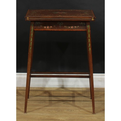 2560 - A Sheraton Revival satinwood crossbanded and painted mahogany card table, hinged top enclosing a bai... 