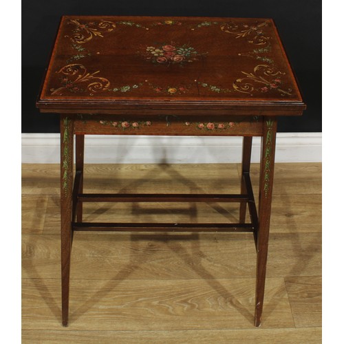 2560 - A Sheraton Revival satinwood crossbanded and painted mahogany card table, hinged top enclosing a bai... 