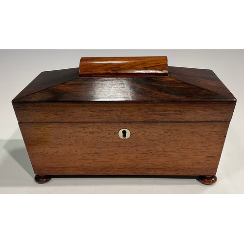 1688 - A George IV rosewood sarcophagus tea caddy, hinged cover, bun feet, 16.5cm high, 28cm wide, 14.5cm d... 