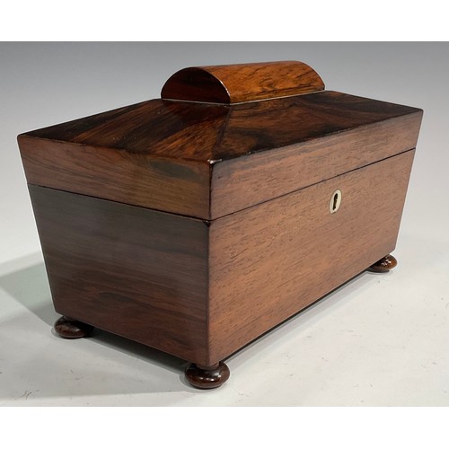 1688 - A George IV rosewood sarcophagus tea caddy, hinged cover, bun feet, 16.5cm high, 28cm wide, 14.5cm d... 