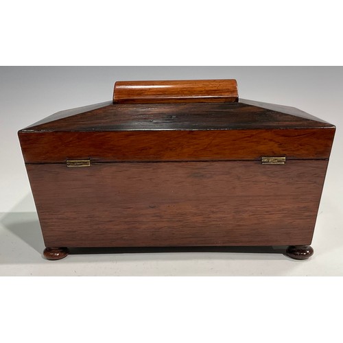 1688 - A George IV rosewood sarcophagus tea caddy, hinged cover, bun feet, 16.5cm high, 28cm wide, 14.5cm d... 