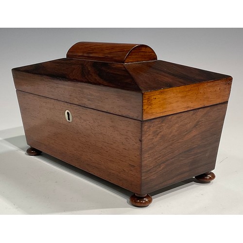 1688 - A George IV rosewood sarcophagus tea caddy, hinged cover, bun feet, 16.5cm high, 28cm wide, 14.5cm d... 