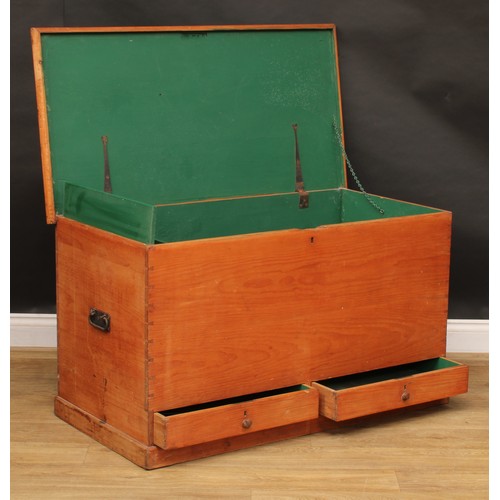 1960 - A late Victorian pine mule chest, hinged top enclosing a till above a pair of short drawers, carry h... 