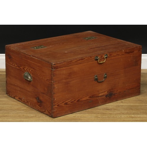 2676 - An early 20th century pitch pine chest, hinged top, carry handles to sides, 35.5cm high, 76cm wide, ... 