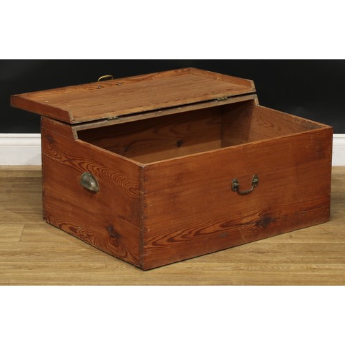 2676 - An early 20th century pitch pine chest, hinged top, carry handles to sides, 35.5cm high, 76cm wide, ... 