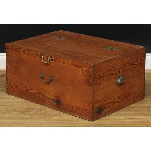 2676 - An early 20th century pitch pine chest, hinged top, carry handles to sides, 35.5cm high, 76cm wide, ... 