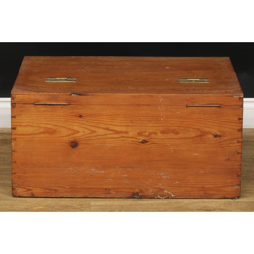 2676 - An early 20th century pitch pine chest, hinged top, carry handles to sides, 35.5cm high, 76cm wide, ... 