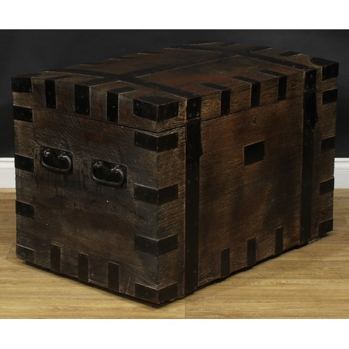 1612 - A 19th century iron-bound oak country house silver chest, hinged top, carry handles to sides, 63.5cm... 