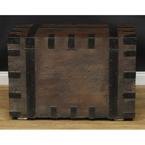 1612 - A 19th century iron-bound oak country house silver chest, hinged top, carry handles to sides, 63.5cm... 