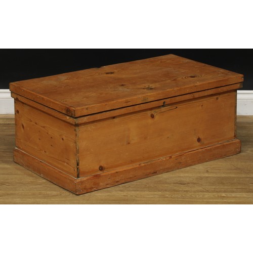 1950 - A late 19th century pine chest, hinged top, skirted base, 34.5cm high, 85cm wide, 47.5cm deep