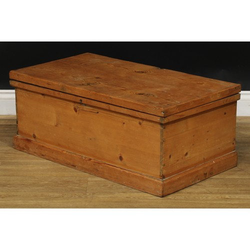 1950 - A late 19th century pine chest, hinged top, skirted base, 34.5cm high, 85cm wide, 47.5cm deep