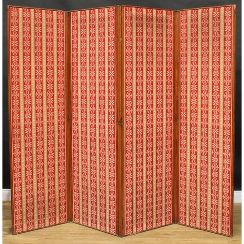 2060 - A late Victorian pitch pine four-fold screen, 186.5cm high, each panel 57cm wide, c.1890