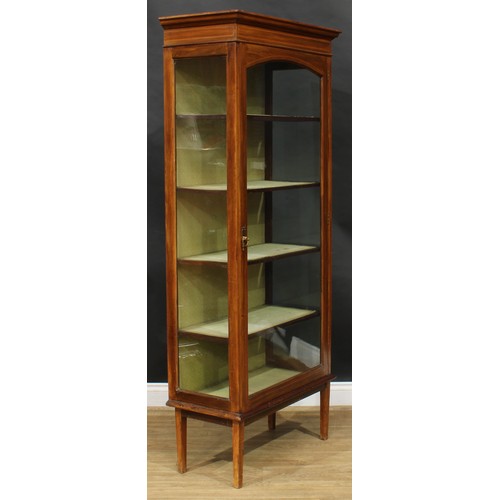 2229 - An Edwardian mahogany display cabinet, moulded cornice above a glazed door enclosing four shelves, t... 