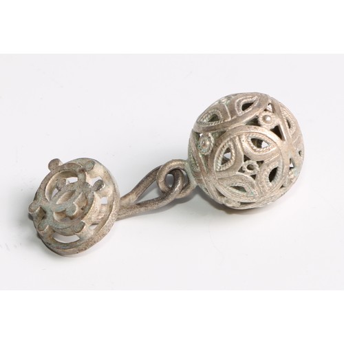 1057 - A set of nine Chinese silver coloured metal buttons, pierced, 4cm long overall, unmarked