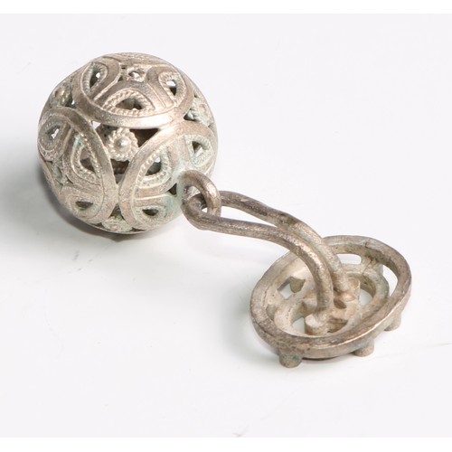 1057 - A set of nine Chinese silver coloured metal buttons, pierced, 4cm long overall, unmarked