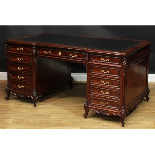 2057 - A late 19th century French rosewood and kingwood twin pedestal desk, inverted break-centre top with ... 